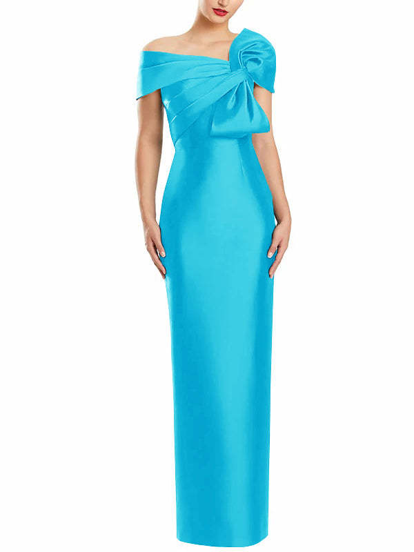 One-Shoulder Floor-Length Mother of the Bride Gown with Bow in Sheath/Column Style-BMbridal