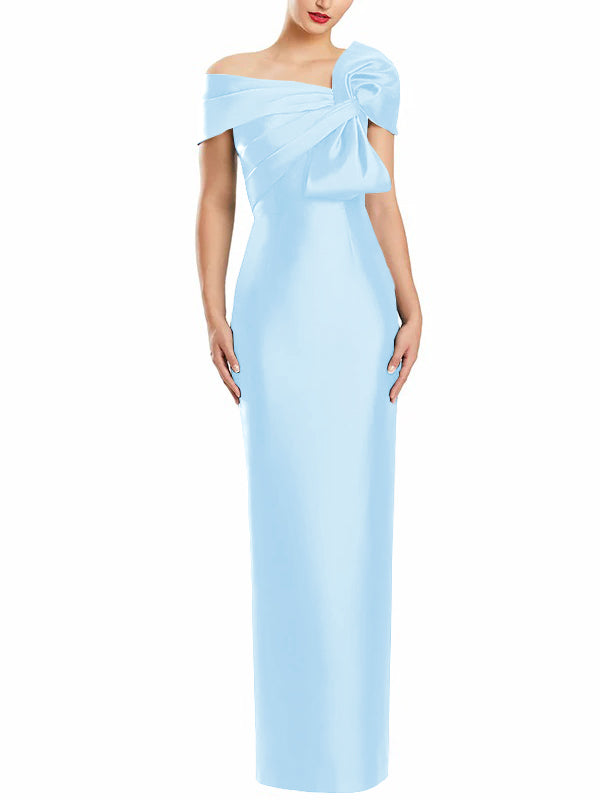 One-Shoulder Floor-Length Mother of the Bride Gown with Bow in Sheath/Column Style-BMbridal