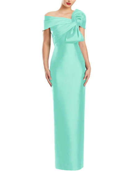 One-Shoulder Floor-Length Mother of the Bride Gown with Bow in Sheath/Column Style-BMbridal