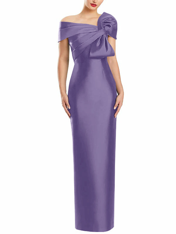 One-Shoulder Floor-Length Mother of the Bride Gown with Bow in Sheath/Column Style-BMbridal
