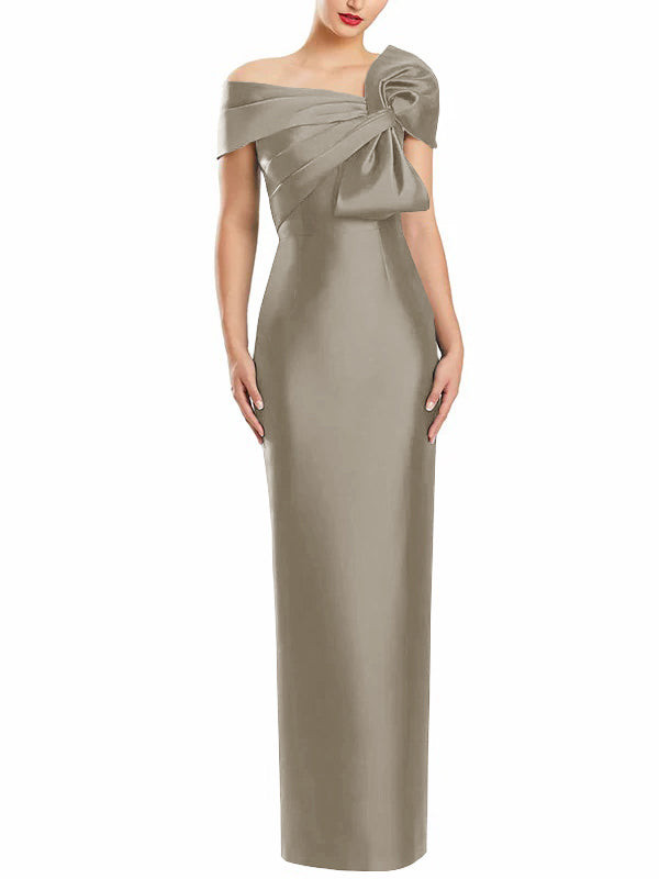 One-Shoulder Floor-Length Mother of the Bride Gown with Bow in Sheath/Column Style-BMbridal