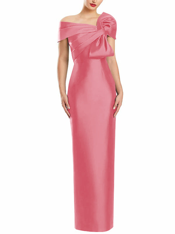 One-Shoulder Floor-Length Mother of the Bride Gown with Bow in Sheath/Column Style-BMbridal