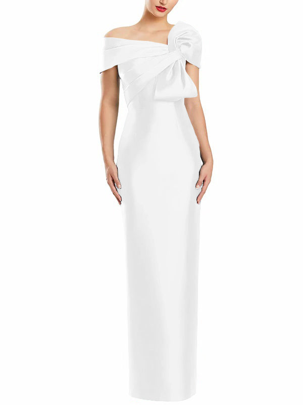 One-Shoulder Floor-Length Mother of the Bride Gown with Bow in Sheath/Column Style-BMbridal