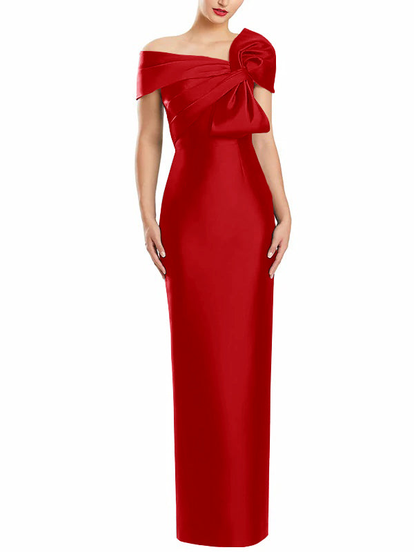 One-Shoulder Floor-Length Mother of the Bride Gown with Bow in Sheath/Column Style-BMbridal