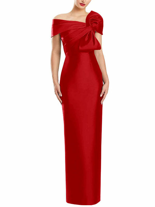 One-Shoulder Floor-Length Mother of the Bride Gown with Bow in Sheath/Column Style-BMbridal