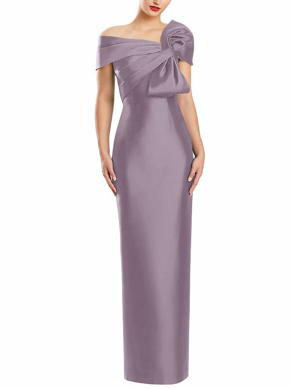 One-Shoulder Floor-Length Mother of the Bride Gown with Bow in Sheath/Column Style-BMbridal