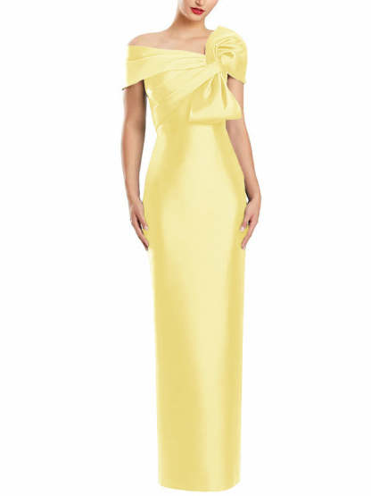 One-Shoulder Floor-Length Mother of the Bride Gown with Bow in Sheath/Column Style-BMbridal