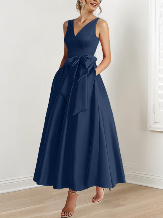 V-Neck Sleeveless A-Line Princess Ankle-Length Mother of the Bride Dress with Ruffles & Pockets-BMbridal