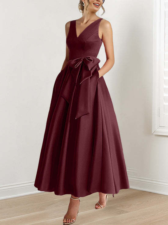 V-Neck Sleeveless A-Line Princess Ankle-Length Mother of the Bride Dress with Ruffles & Pockets-BMbridal