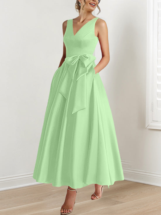 V-Neck Sleeveless A-Line Princess Ankle-Length Mother of the Bride Dress with Ruffles & Pockets-BMbridal