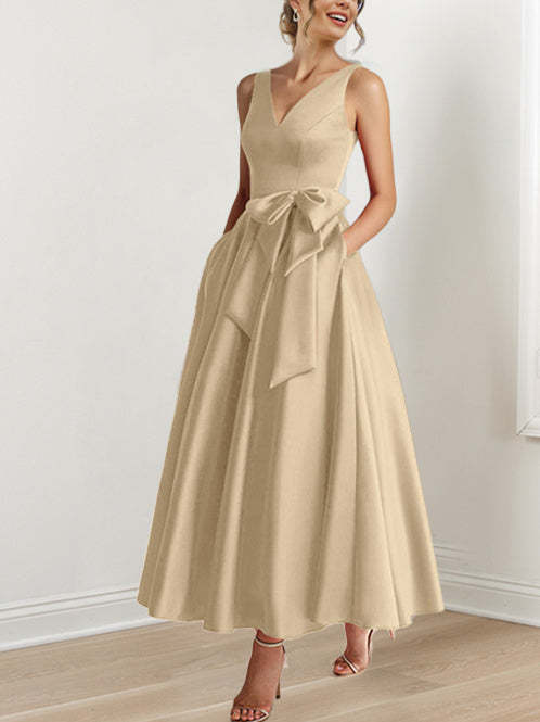V-Neck Sleeveless A-Line Princess Ankle-Length Mother of the Bride Dress with Ruffles & Pockets-BMbridal