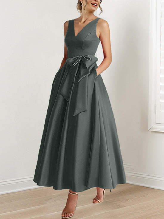 V-Neck Sleeveless A-Line Princess Ankle-Length Mother of the Bride Dress with Ruffles & Pockets-BMbridal