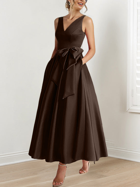 V-Neck Sleeveless A-Line Princess Ankle-Length Mother of the Bride Dress with Ruffles & Pockets-BMbridal