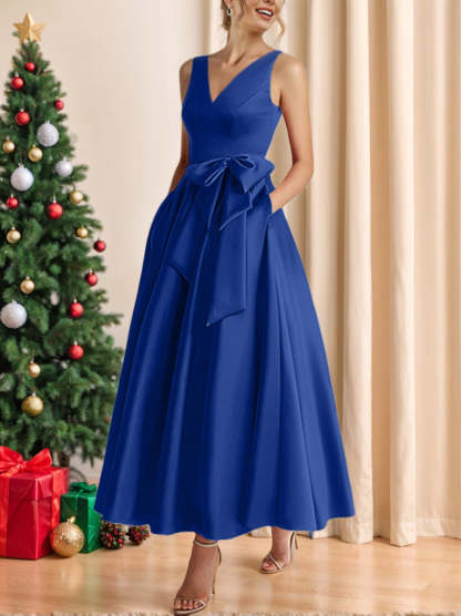 V-Neck Sleeveless A-Line Princess Ankle-Length Mother of the Bride Dress with Ruffles & Pockets-BMbridal