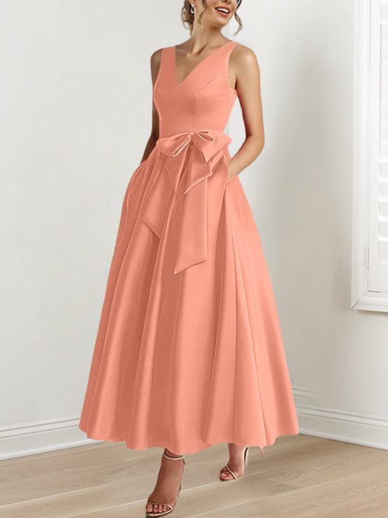 V-Neck Sleeveless A-Line Princess Ankle-Length Mother of the Bride Dress with Ruffles & Pockets-BMbridal