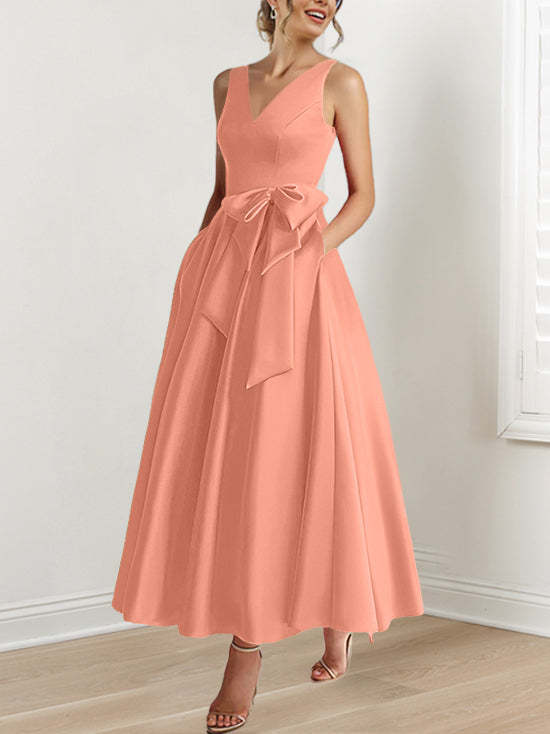 V-Neck Sleeveless A-Line Princess Ankle-Length Mother of the Bride Dress with Ruffles & Pockets-BMbridal