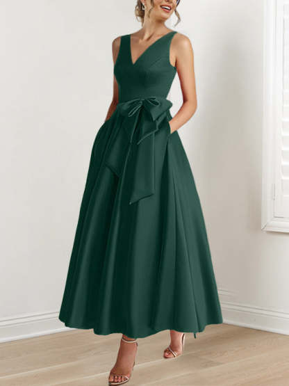 V-Neck Sleeveless A-Line Princess Ankle-Length Mother of the Bride Dress with Ruffles & Pockets-BMbridal