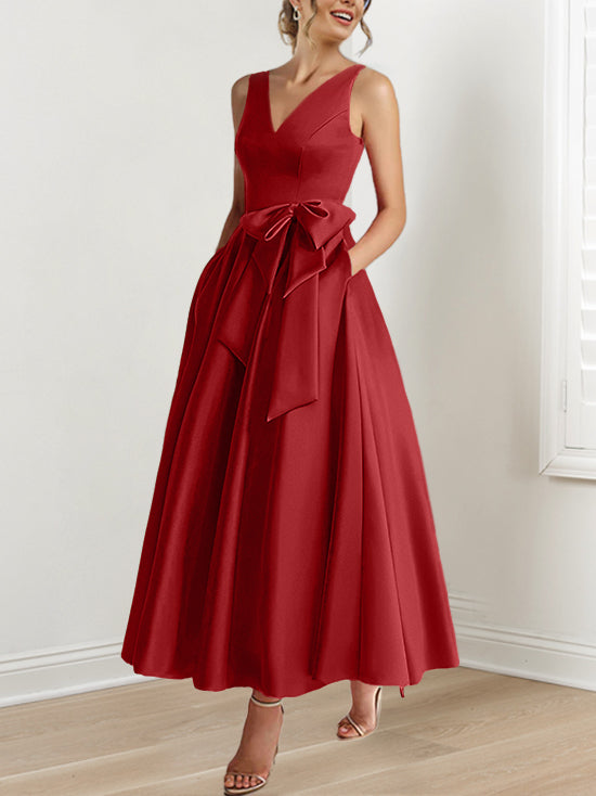 V-Neck Sleeveless A-Line Princess Ankle-Length Mother of the Bride Dress with Ruffles & Pockets-BMbridal