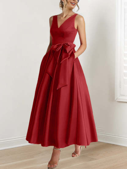 V-Neck Sleeveless A-Line Princess Ankle-Length Mother of the Bride Dress with Ruffles & Pockets-BMbridal