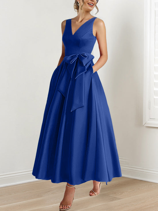 V-Neck Sleeveless A-Line Princess Ankle-Length Mother of the Bride Dress with Ruffles & Pockets-BMbridal