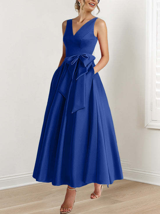 V-Neck Sleeveless A-Line Princess Ankle-Length Mother of the Bride Dress with Ruffles & Pockets-BMbridal