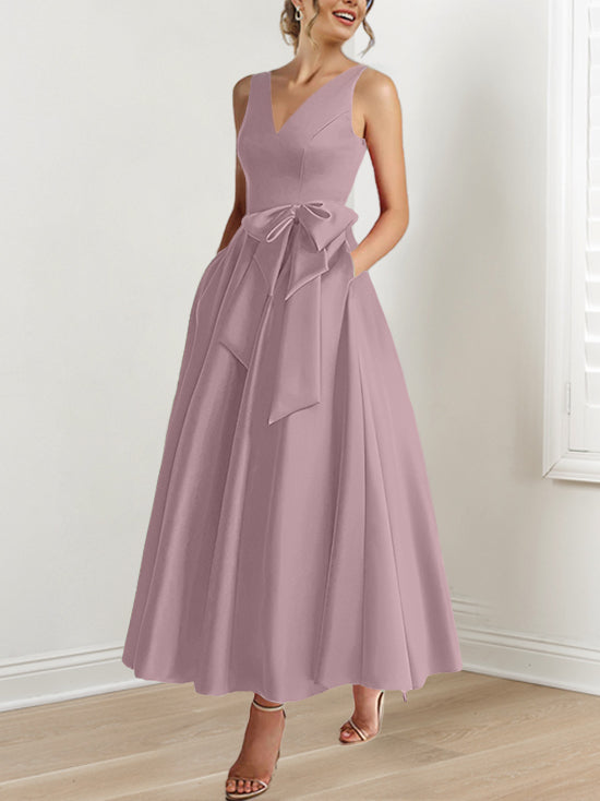 V-Neck Sleeveless A-Line Princess Ankle-Length Mother of the Bride Dress with Ruffles & Pockets-BMbridal