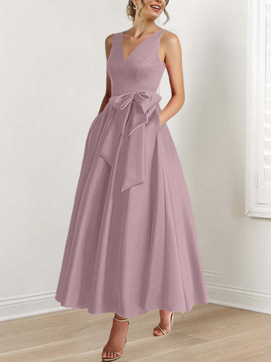 V-Neck Sleeveless A-Line Princess Ankle-Length Mother of the Bride Dress with Ruffles & Pockets-BMbridal