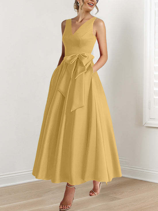 V-Neck Sleeveless A-Line Princess Ankle-Length Mother of the Bride Dress with Ruffles & Pockets-BMbridal