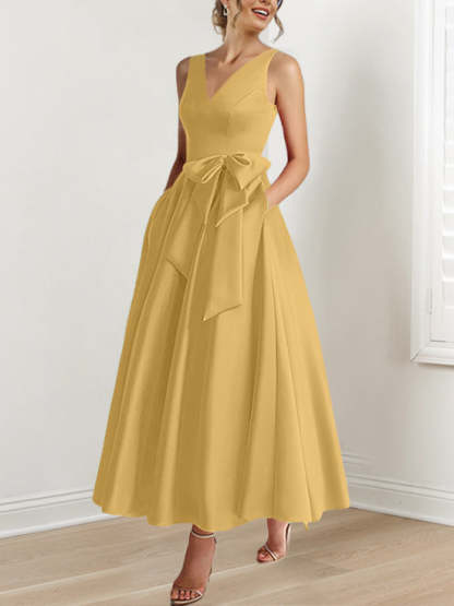 V-Neck Sleeveless A-Line Princess Ankle-Length Mother of the Bride Dress with Ruffles & Pockets-BMbridal