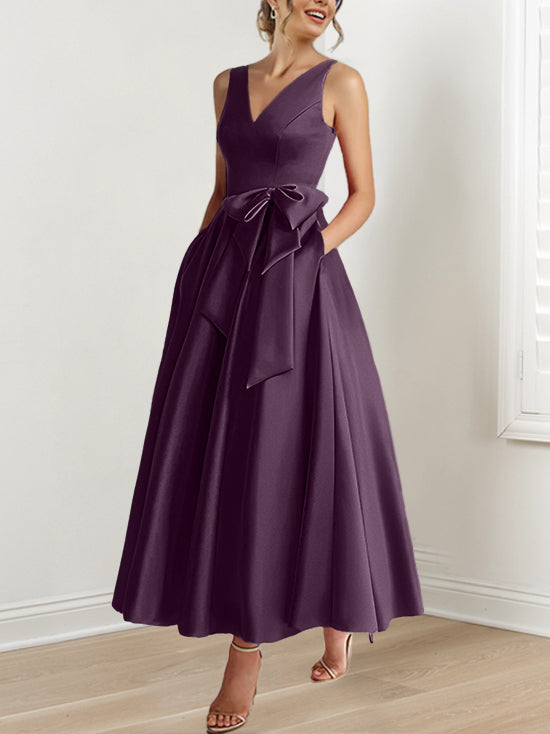 V-Neck Sleeveless A-Line Princess Ankle-Length Mother of the Bride Dress with Ruffles & Pockets-BMbridal