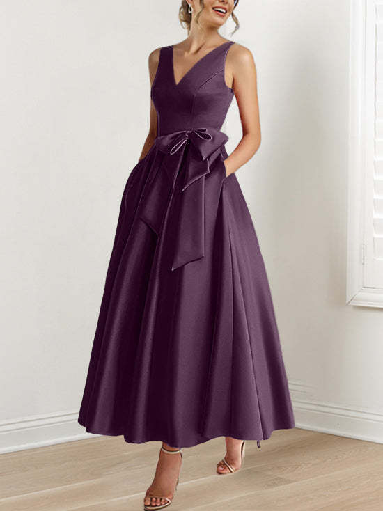 V-Neck Sleeveless A-Line Princess Ankle-Length Mother of the Bride Dress with Ruffles & Pockets-BMbridal