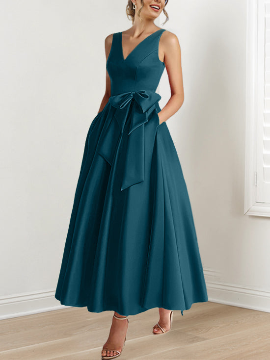 V-Neck Sleeveless A-Line Princess Ankle-Length Mother of the Bride Dress with Ruffles & Pockets-BMbridal