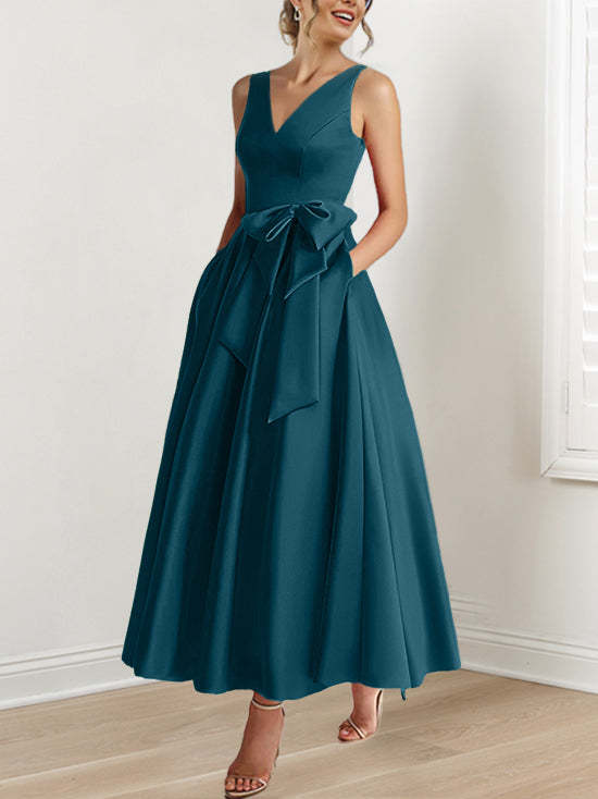 V-Neck Sleeveless A-Line Princess Ankle-Length Mother of the Bride Dress with Ruffles & Pockets-BMbridal