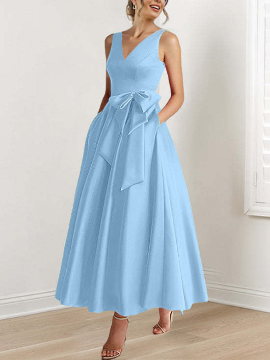 V-Neck Sleeveless A-Line Princess Ankle-Length Mother of the Bride Dress with Ruffles & Pockets-BMbridal