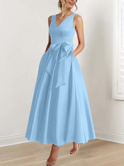 V-Neck Sleeveless A-Line Princess Ankle-Length Mother of the Bride Dress with Ruffles & Pockets-BMbridal
