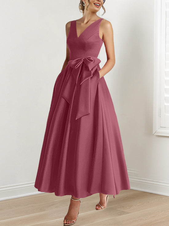 V-Neck Sleeveless A-Line Princess Ankle-Length Mother of the Bride Dress with Ruffles & Pockets-BMbridal