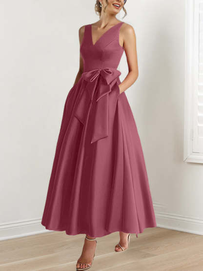 V-Neck Sleeveless A-Line Princess Ankle-Length Mother of the Bride Dress with Ruffles & Pockets-BMbridal