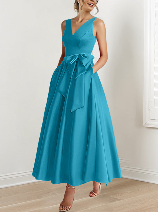 V-Neck Sleeveless A-Line Princess Ankle-Length Mother of the Bride Dress with Ruffles & Pockets-BMbridal