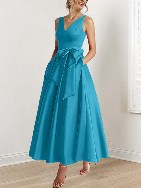 V-Neck Sleeveless A-Line Princess Ankle-Length Mother of the Bride Dress with Ruffles & Pockets-BMbridal