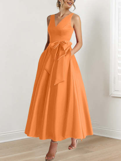 V-Neck Sleeveless A-Line Princess Ankle-Length Mother of the Bride Dress with Ruffles & Pockets-BMbridal