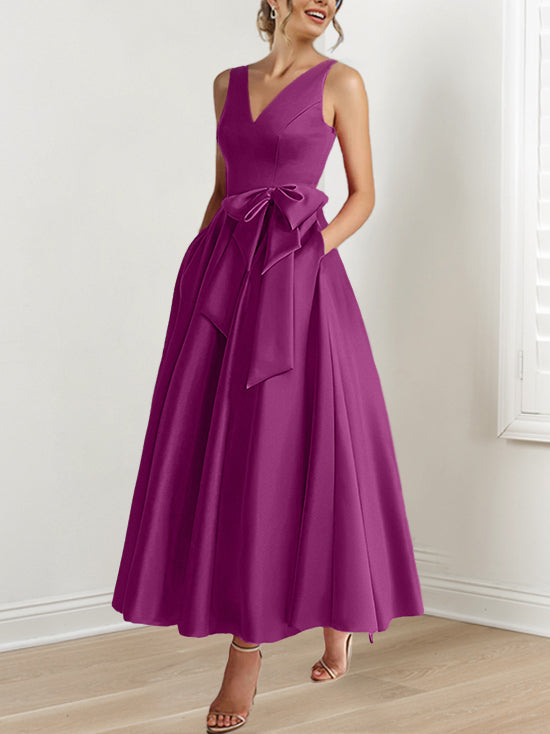 V-Neck Sleeveless A-Line Princess Ankle-Length Mother of the Bride Dress with Ruffles & Pockets-BMbridal