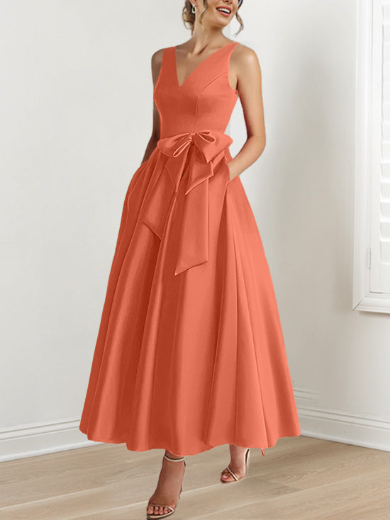V-Neck Sleeveless A-Line Princess Ankle-Length Mother of the Bride Dress with Ruffles & Pockets-BMbridal