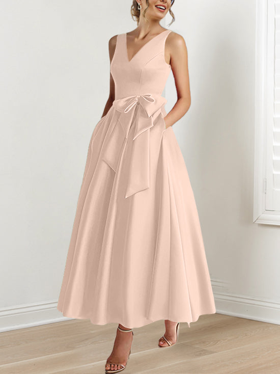 V-Neck Sleeveless A-Line Princess Ankle-Length Mother of the Bride Dress with Ruffles & Pockets-BMbridal