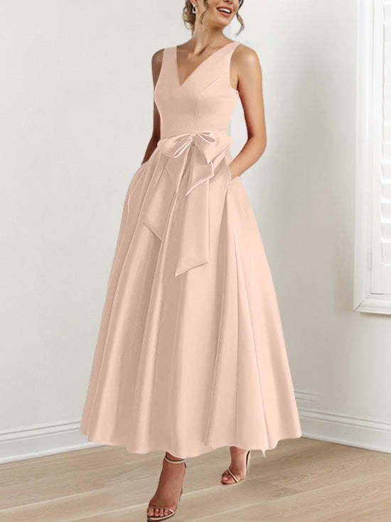 V-Neck Sleeveless A-Line Princess Ankle-Length Mother of the Bride Dress with Ruffles & Pockets-BMbridal
