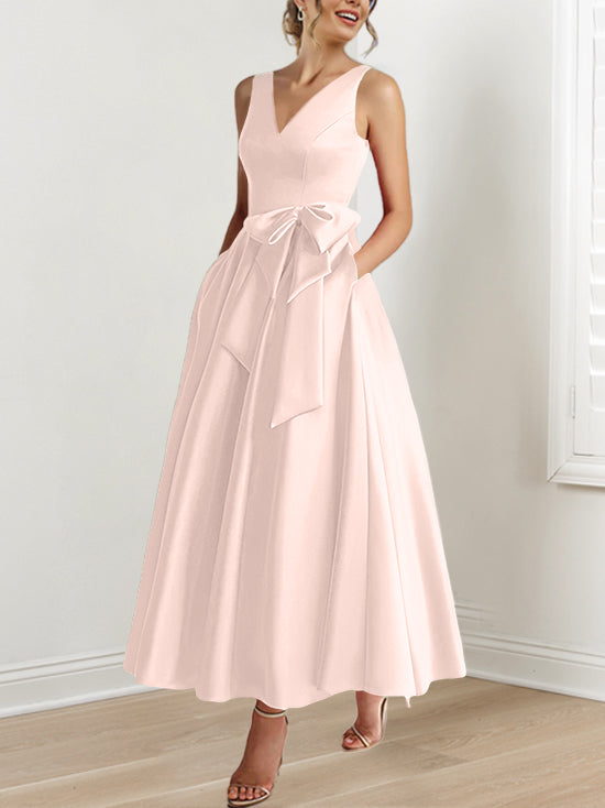 V-Neck Sleeveless A-Line Princess Ankle-Length Mother of the Bride Dress with Ruffles & Pockets-BMbridal