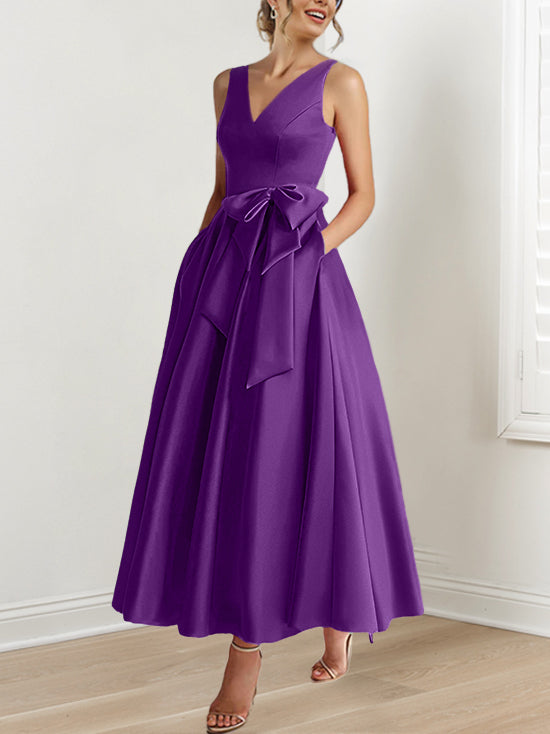 V-Neck Sleeveless A-Line Princess Ankle-Length Mother of the Bride Dress with Ruffles & Pockets-BMbridal
