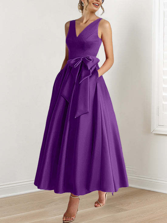V-Neck Sleeveless A-Line Princess Ankle-Length Mother of the Bride Dress with Ruffles & Pockets-BMbridal