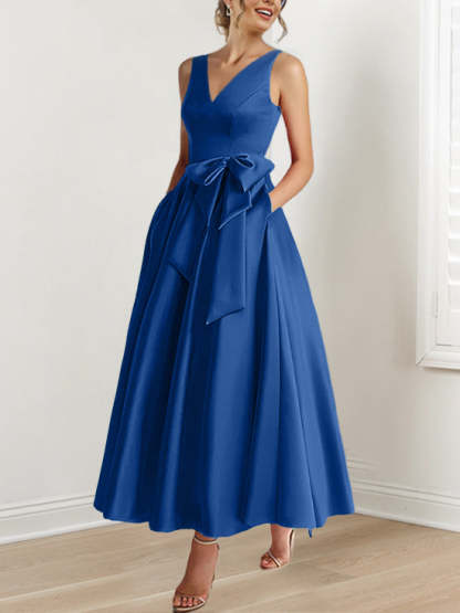 V-Neck Sleeveless A-Line Princess Ankle-Length Mother of the Bride Dress with Ruffles & Pockets-BMbridal