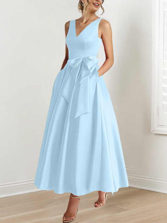 V-Neck Sleeveless A-Line Princess Ankle-Length Mother of the Bride Dress with Ruffles & Pockets-BMbridal