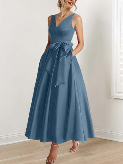 V-Neck Sleeveless A-Line Princess Ankle-Length Mother of the Bride Dress with Ruffles & Pockets-BMbridal